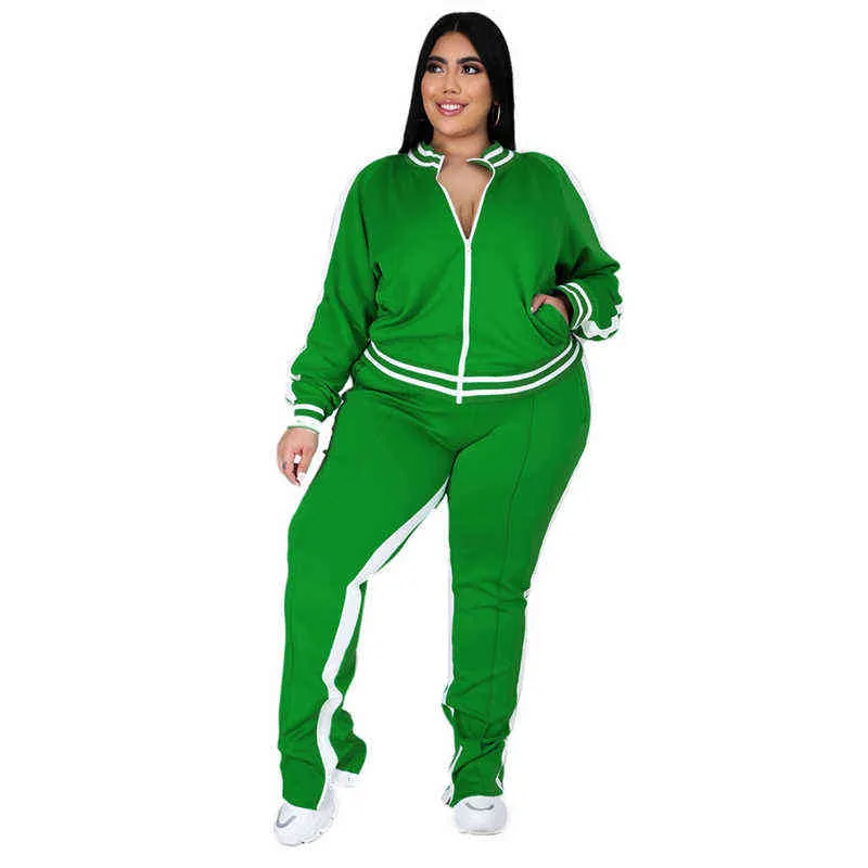 Plus Size Womens Sweatsuit Set With Striped Top And Slit Plus Size