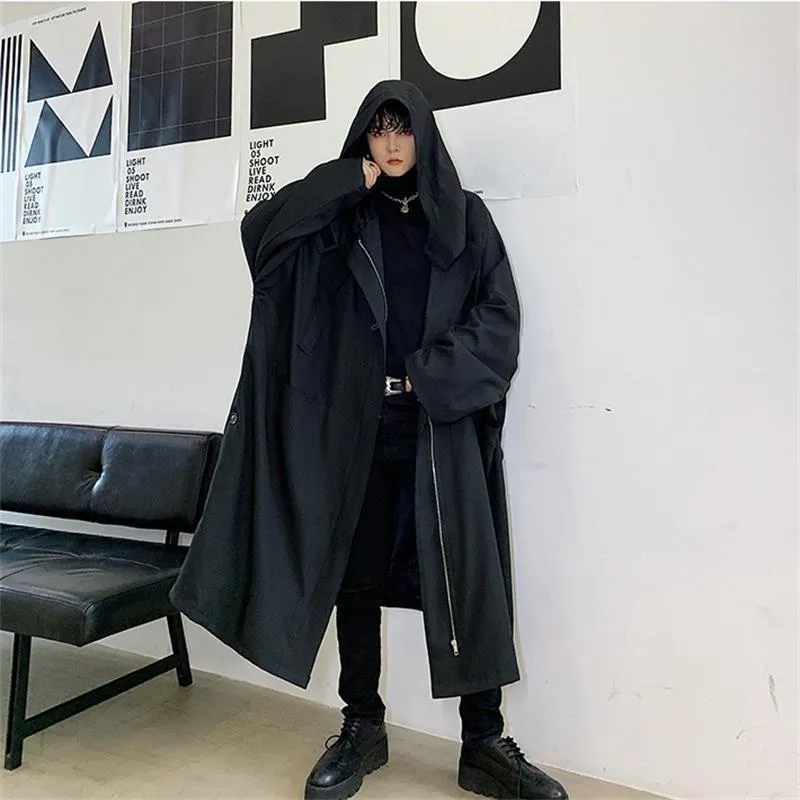 Trendy Mens Oversized Trench Windbreaker Black Long Coat Men Trendy Mens Oversized Trench Windbreaker Black Long Coat Men
