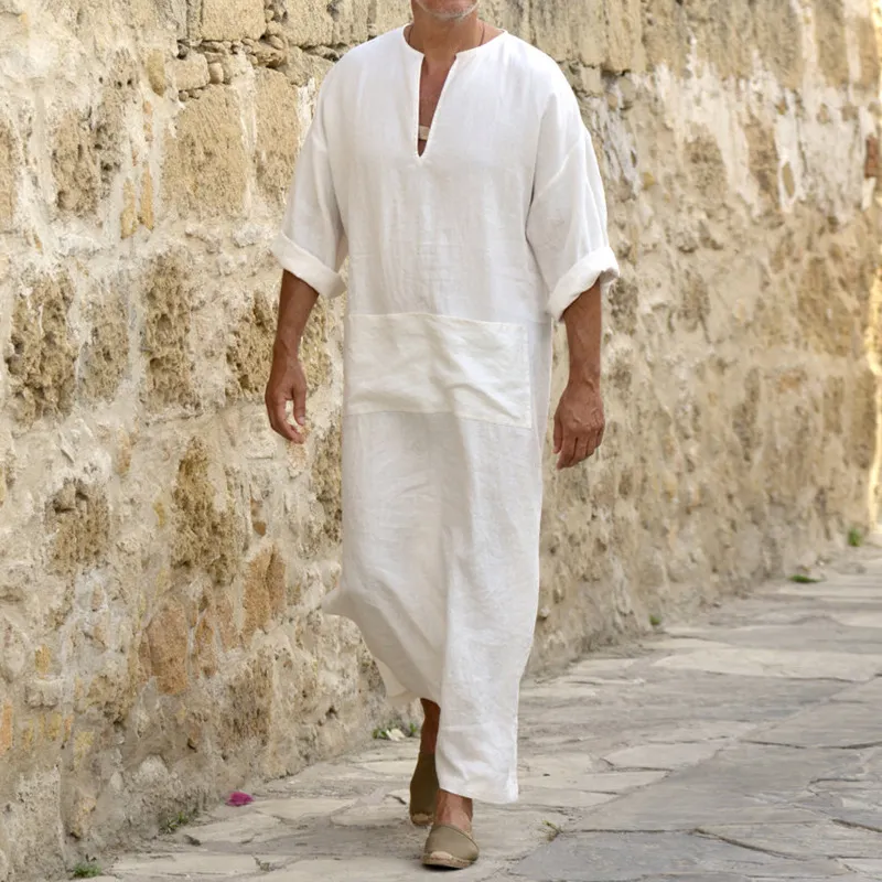 Caftan Thobe Homme En Lin - Robe Longue Décontractée Musulmane Manches Courtes