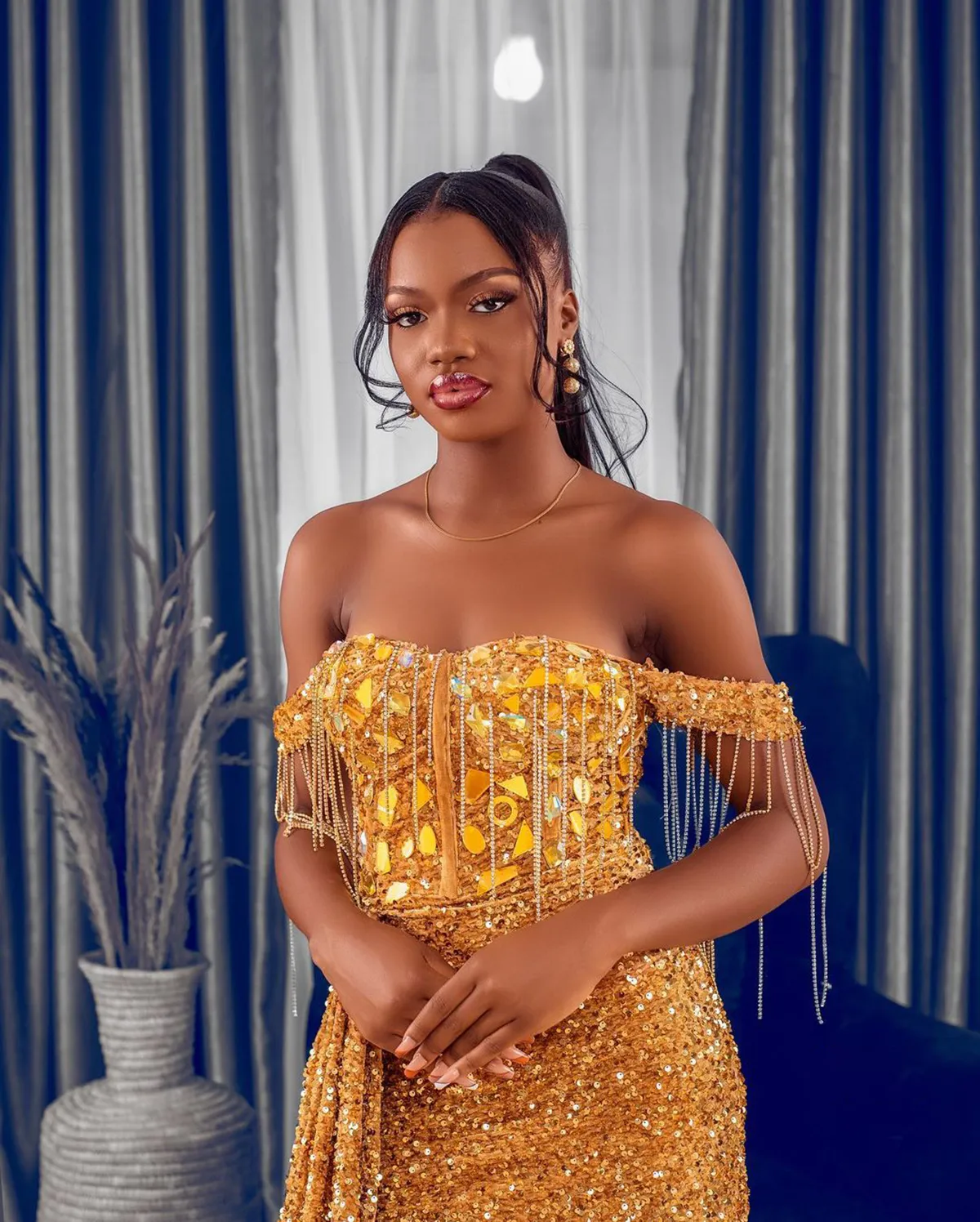slim fit dress slacks Gold Tulle Sequin Off Shoulder Long Prom Dress, Gold Formal Evening Dresses US 14 / Gold main image 0