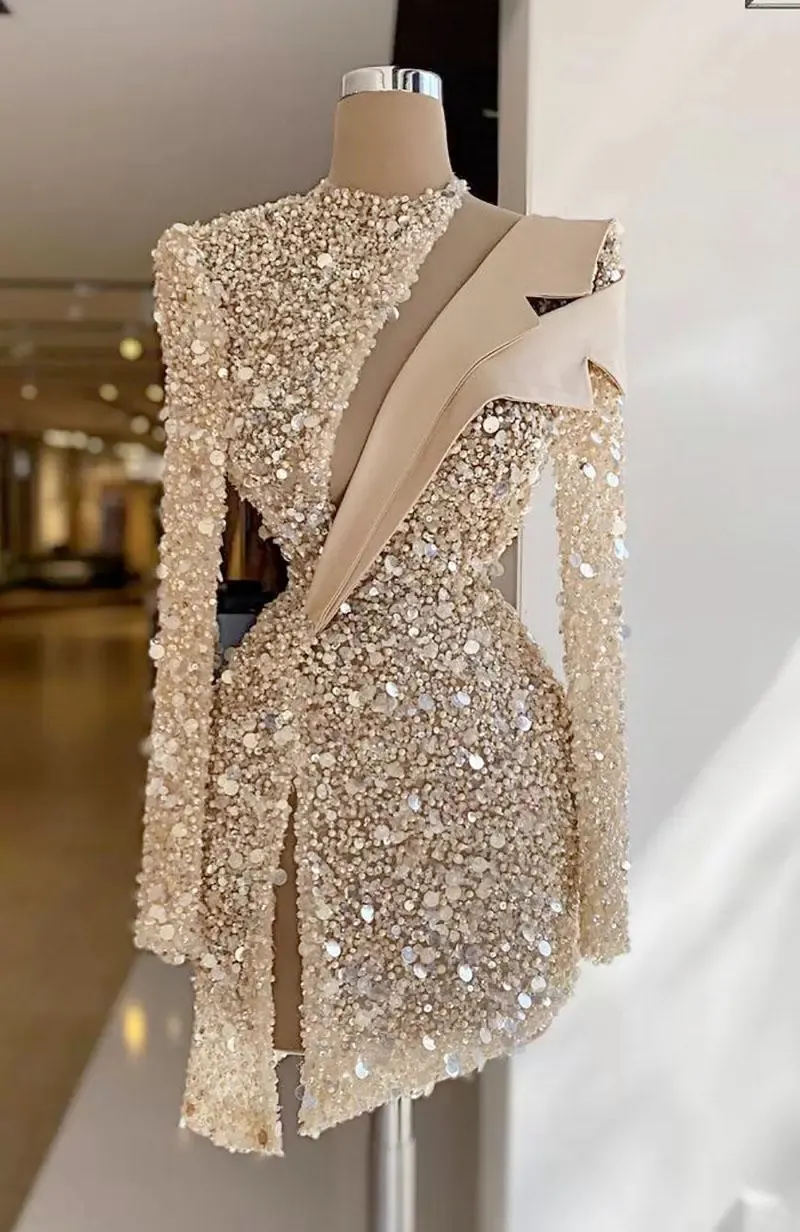 knee length dresses for ladies Champagne Sequin Gown with Long Sleeves and Detachable Train main image 0