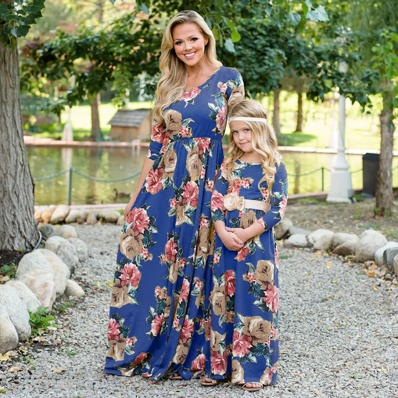 Floral Family Matching Outfits: Long Sleeve Mother-Daughter mommy and me dresses for Wedding Party and Autumn - Women's and Girls' Look (220914)