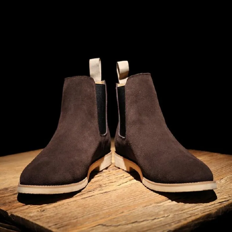 Men s Suede Chelsea Boots Pointed Toe Ankle Boots Casual Comfortable Business Handmade Shoes Beige