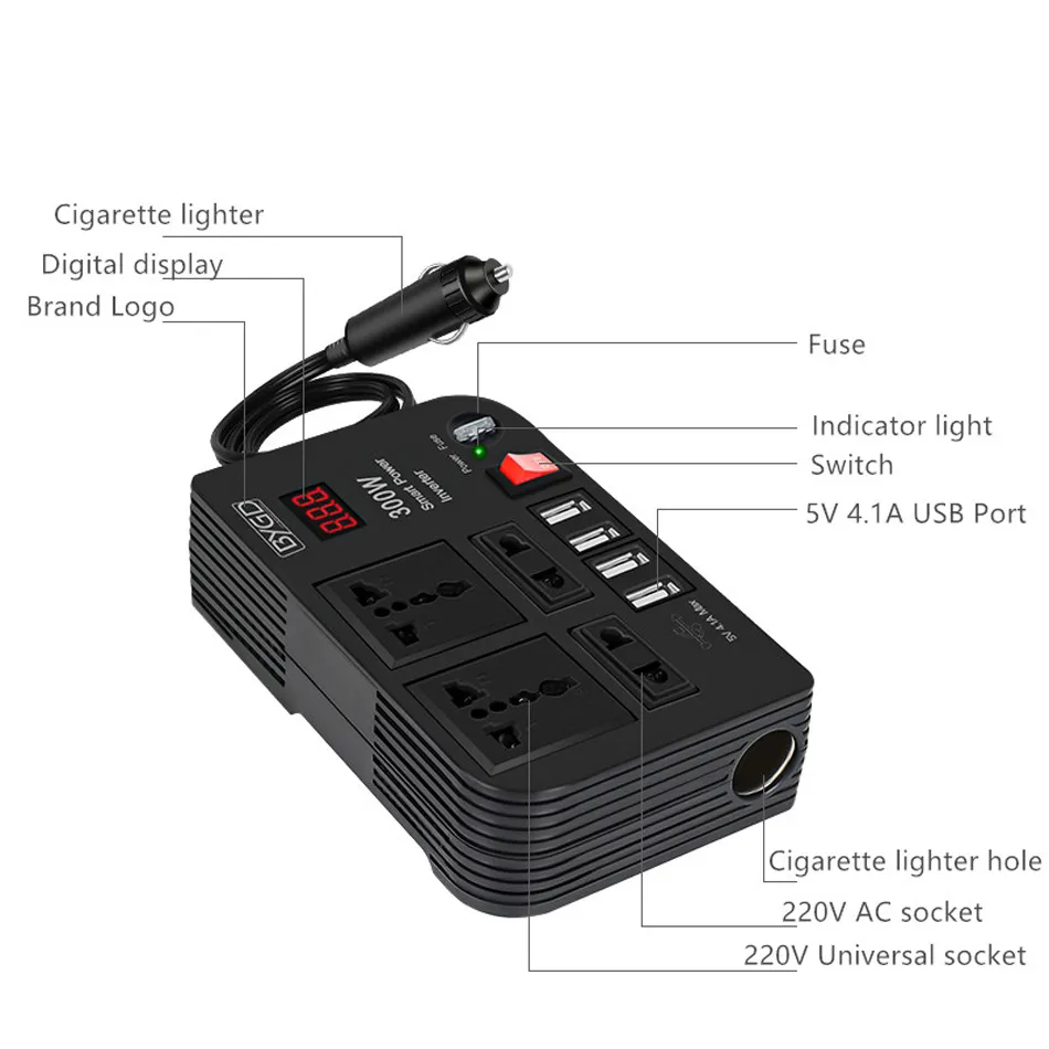 300W Car Power Inverter For Camping With Fast Charging, Universal Socket  Adapter, DC 12V To AC 220V Converter Outlets And 4 USB Ports From Ihammi,  $19.29