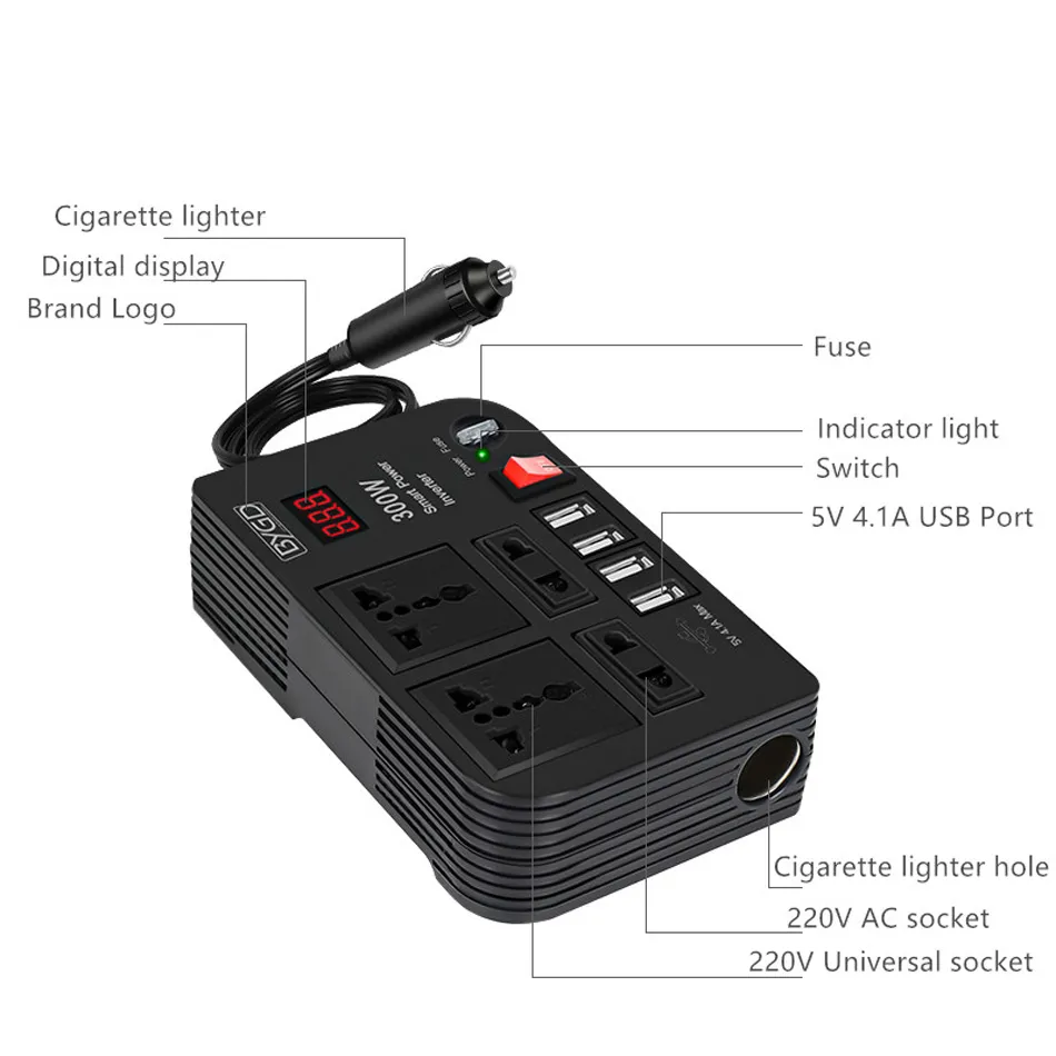 ✓ DHgate 강력한 300W 차량용 인버터 DC 12V AC 220V 변환기4개의 USB 고속 충전 포트 및 범용 소켓 어댑터 포함  | 인기 상품 확인