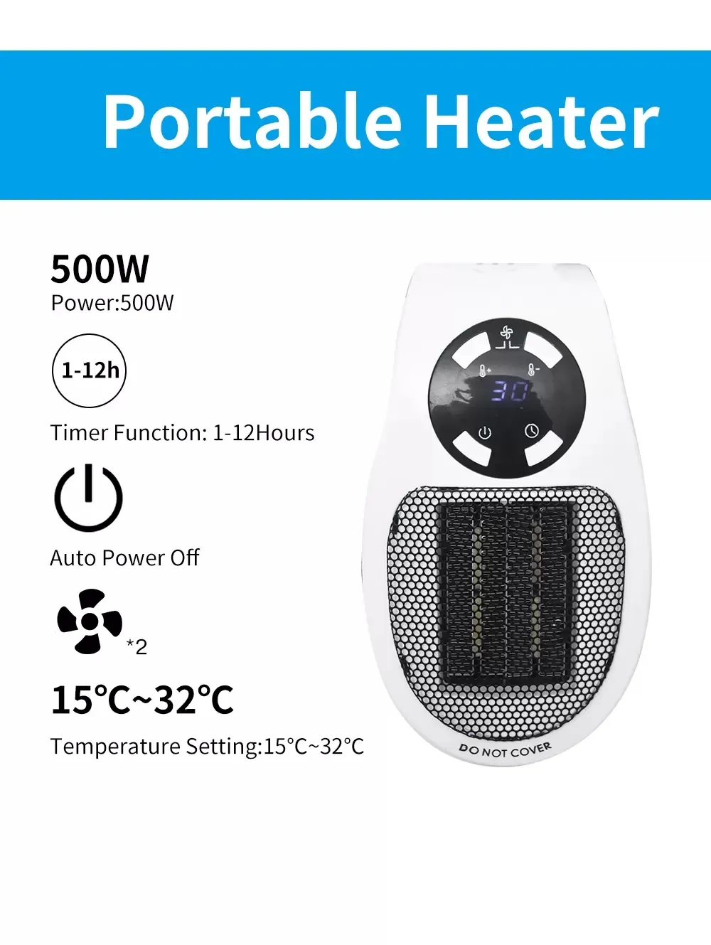 Mini Radiateur électrique Portable 800W Avec écran LED Et Minuterie Reglable 8435666365323
