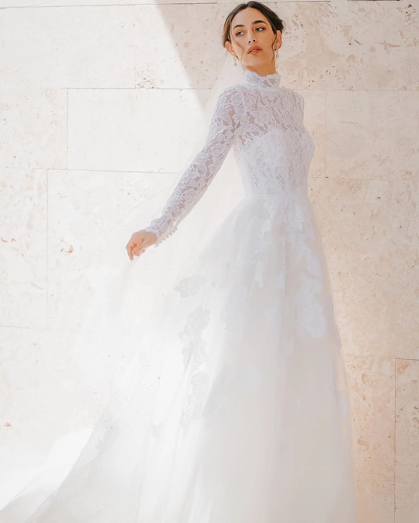 fitted lace wedding dress Modest Long Simple Wedding Dress High Neck Full Sleeves – TANYA BRIDAL main image 0
