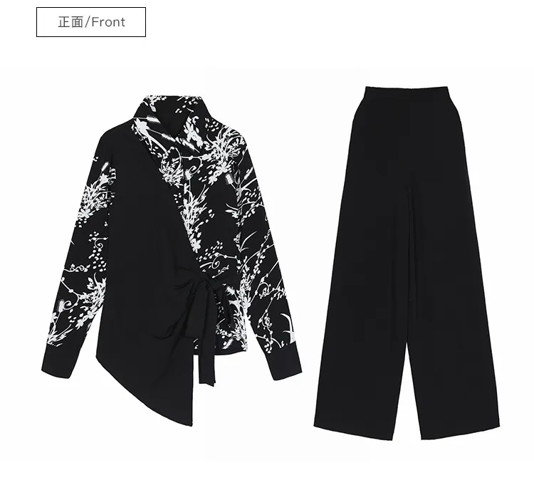 ブラック Top & pants セット Autumn Floral Print Two Piece Chiffon Pants Suit Black/Khaki