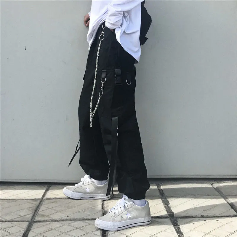 Mens Black Cargo Pants Elastic Waist Drawstring Hip Hop Harem Cropped  Trousers | eBay