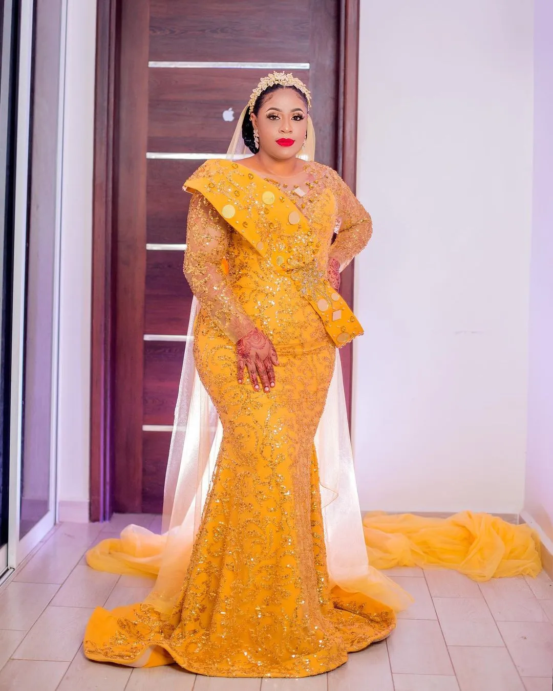 Yellow Beaded Arabic Mermaid Yellow Mermaid Prom Dress with Crystals for 2022 Evening Formal Party, Second Reception, Birthday, and Engagement -
