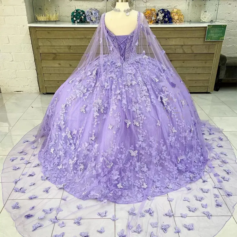 Light Purple Quinceanera Dresses With Cape 3D Floral Applique Ball Gown Sweet 16 Prom Gowns