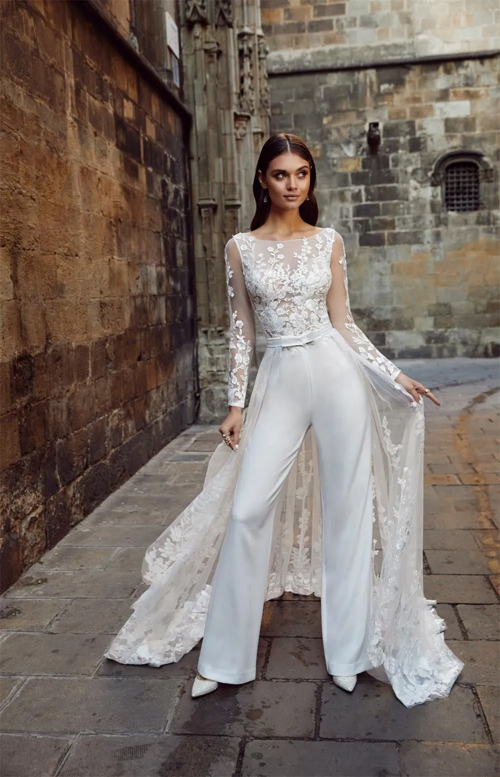 2023 Lace Floral Illusion Long Sleeve A-Line Bridal Jumpsuit with  Detachable Train - Sheer Neck Beach Wedding Pant Suit