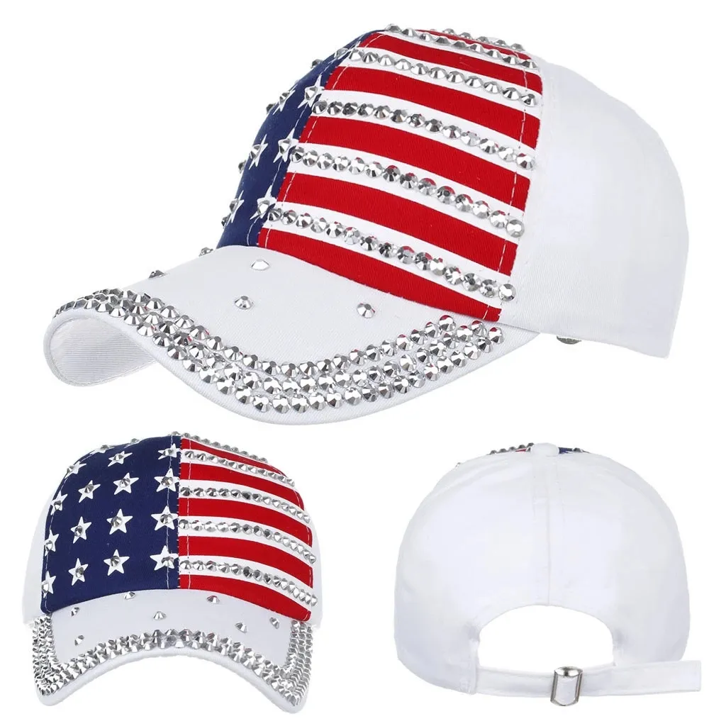 Women's USA Flag Baseball Cap With Bling Rhinestones - Navy Vintage Adjustable Hat