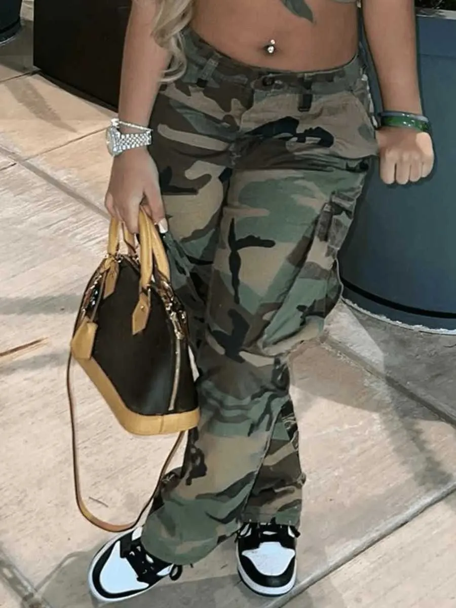 LW Plus Size Camo Print Side Pocket Cargo Pants camouflage Mid Waist Casual  women Camo Pants Regular leisure lady Pants