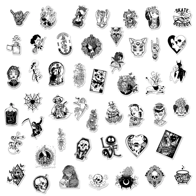 50 Glossy Gothic Vinyl Cute Stickers For Journal For Adults Black And White  Skull Design From Harrypopper, $2.44