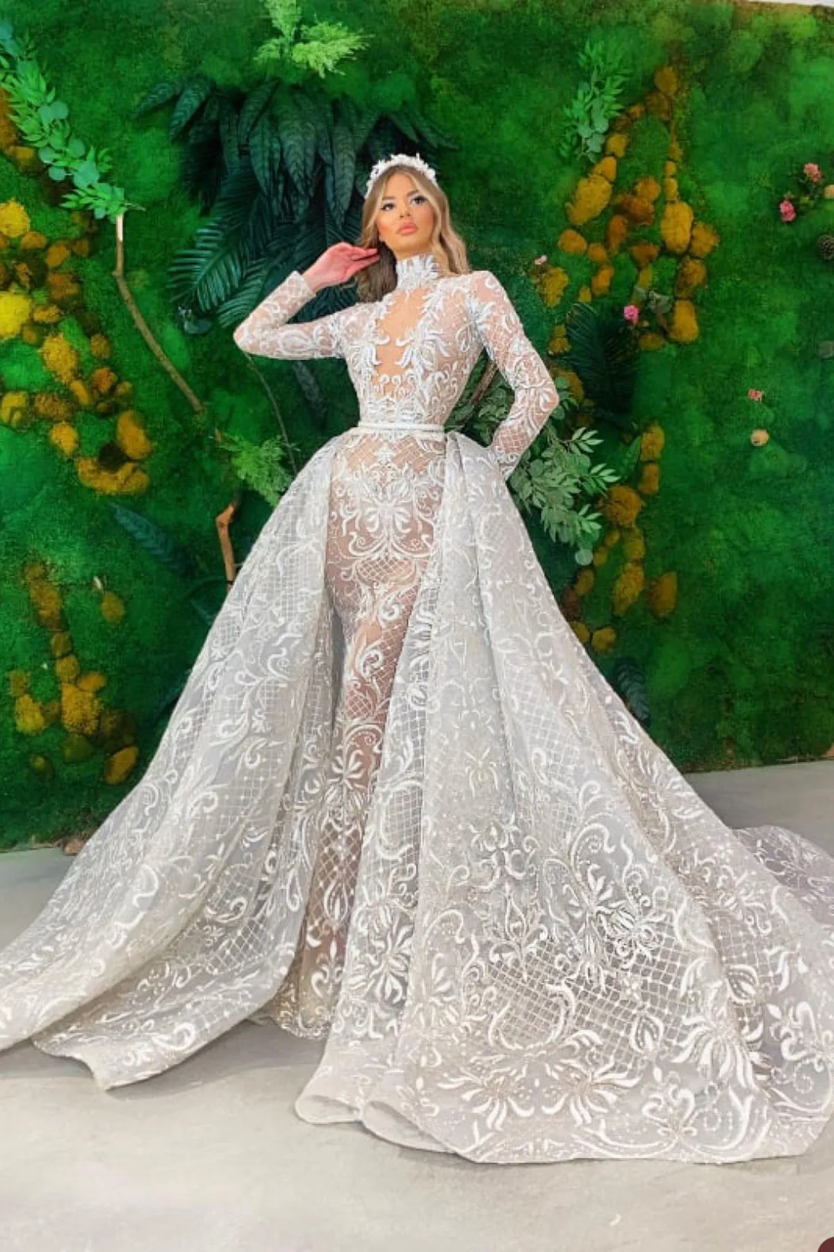 Detachable Train Lace mermaid overskirt wedding dress - High Neck Long Sleeve Bridal Gown