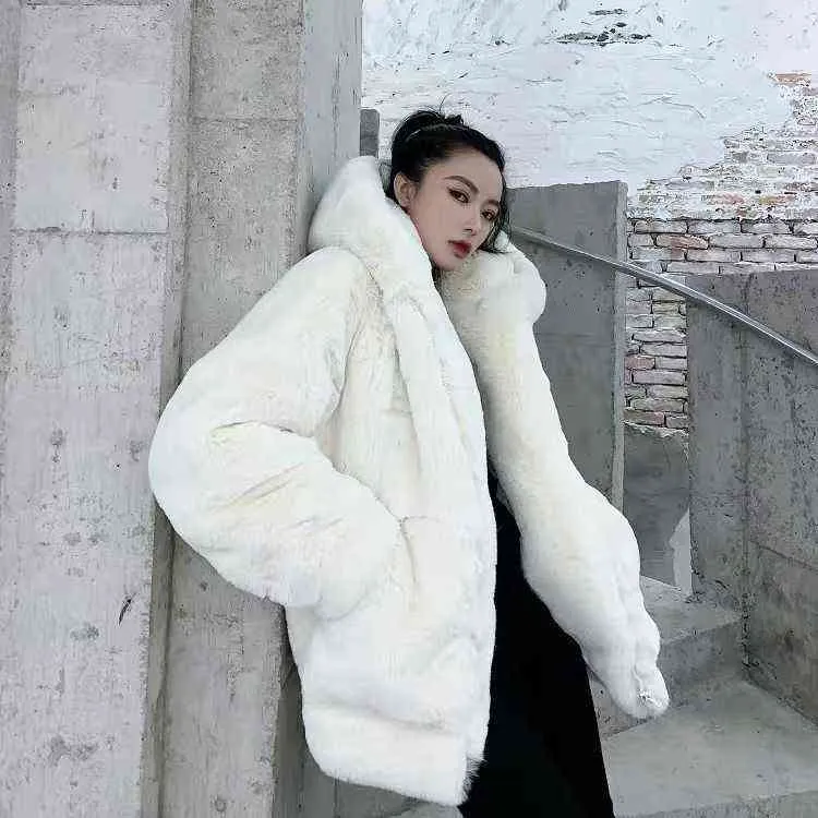 Femmes 2021 automne hiver nouveau manteau en fausse fourrure avec capuche mode mince femme fausse fourrure veste dames faux lapin fourrure pardessus