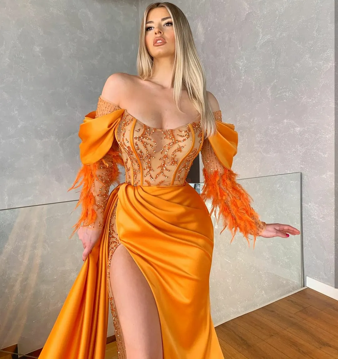 Vestidos De Noche De Sirena Naranja Manga Larga Bateau Fuera Del