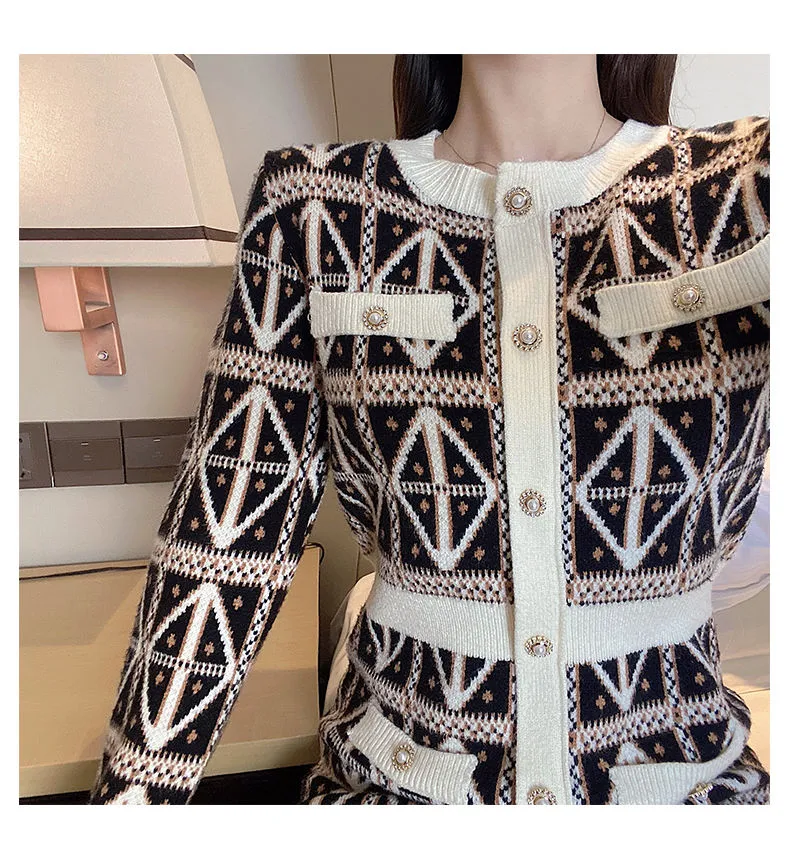 Women's long sleeve dress o-neck geometric print knitted bodycon tunic pencil vestidos SMLXL