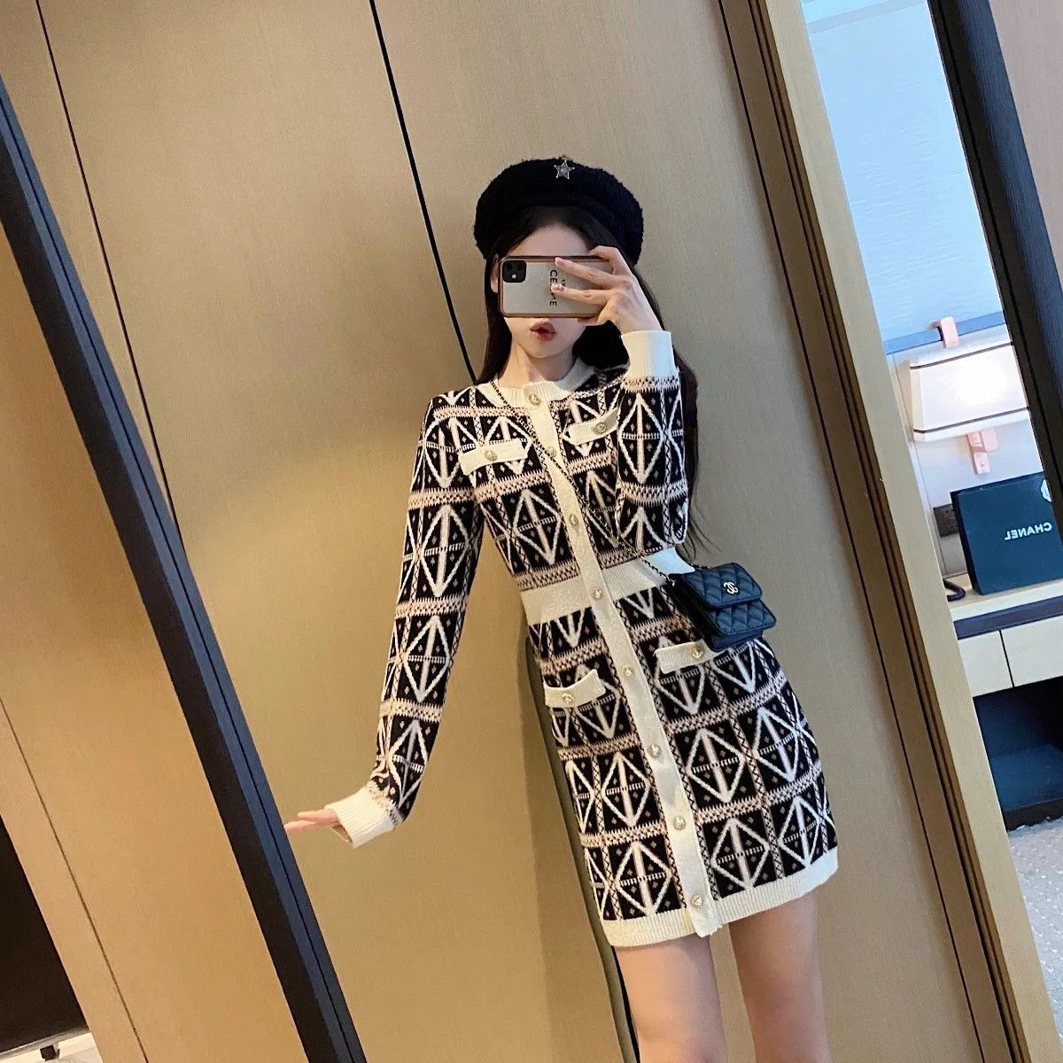 Women's long sleeve dress o-neck geometric print knitted bodycon tunic pencil vestidos SMLXL