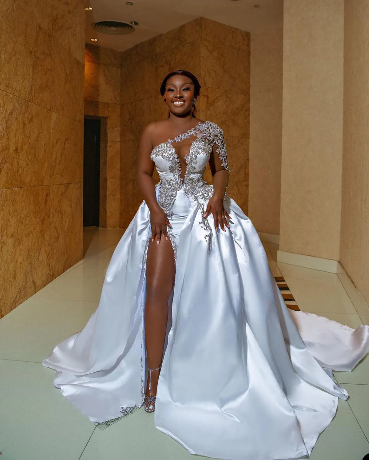 One Shoulder Satin Gold Mermaid Overskirt Wedding Dress With High Split And Long Sleeves From Dresstop 144.73 DHgate.Com