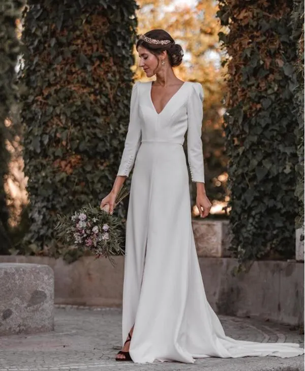 knee length dresses for ladies Elegant Long Cutout Lace Train Crepe Mermaid Wedding Dress main image 1