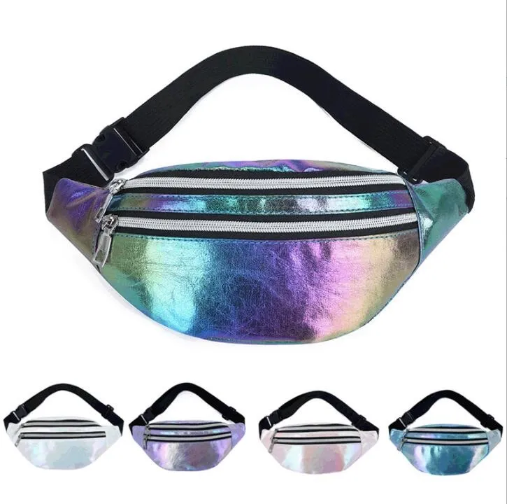 Premium Holographic waist pack bag for Women Laser PU Beach Travel Banana Hip Bum Pack with Belt Bag and Chest Strap