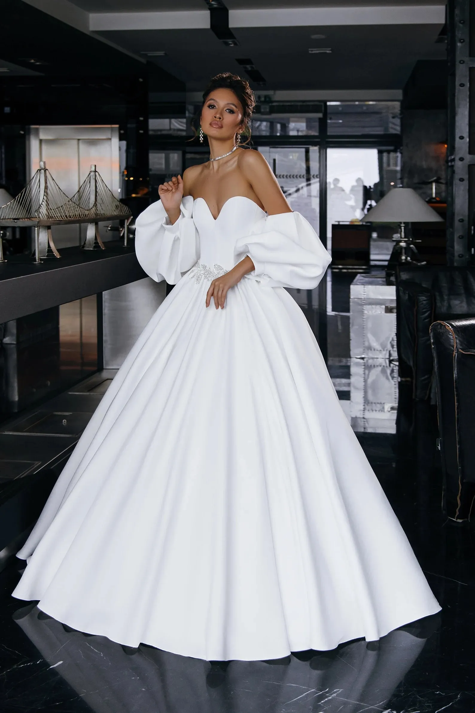 Elegant Off-shoulder Ivory Satin Princess Wedding Dress - Promfy