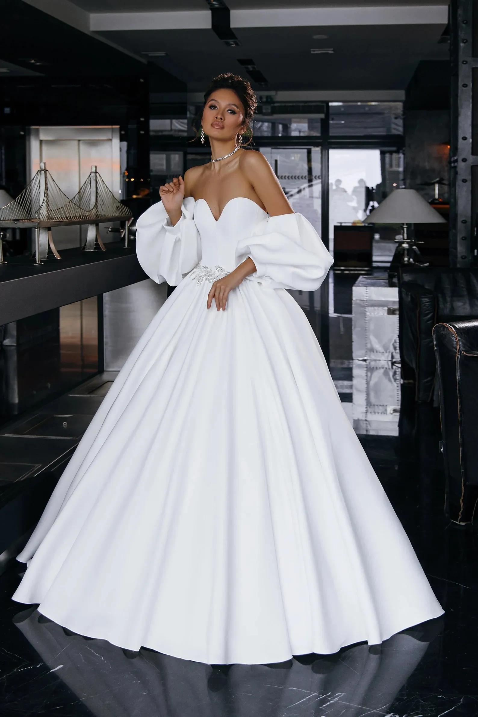 Off-the-shoulder Satin Ball Gown Wedding Dress With Lace Details