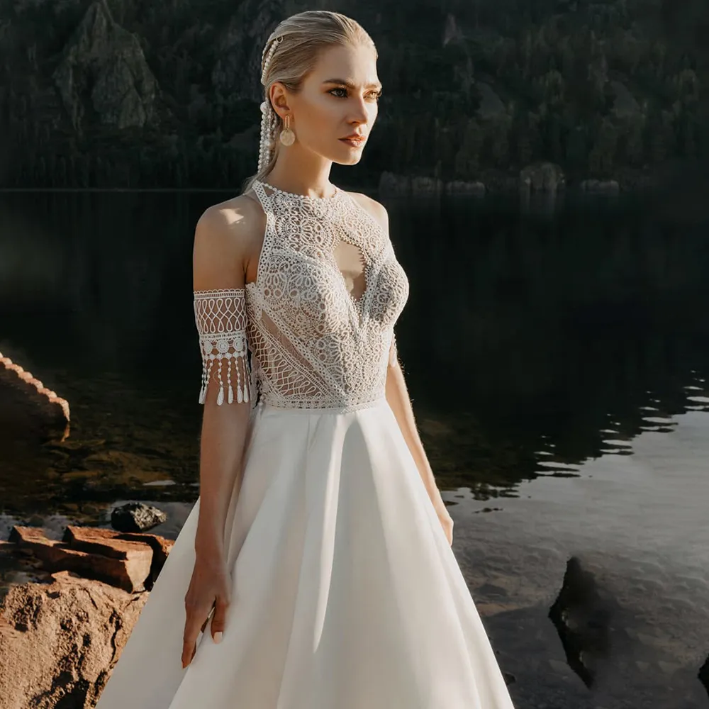 slim fit dress slacks Illusion and Lace Halter Neck and Racerback A-Line Wedding Dress with Sweep Train AWD1784 main image 1