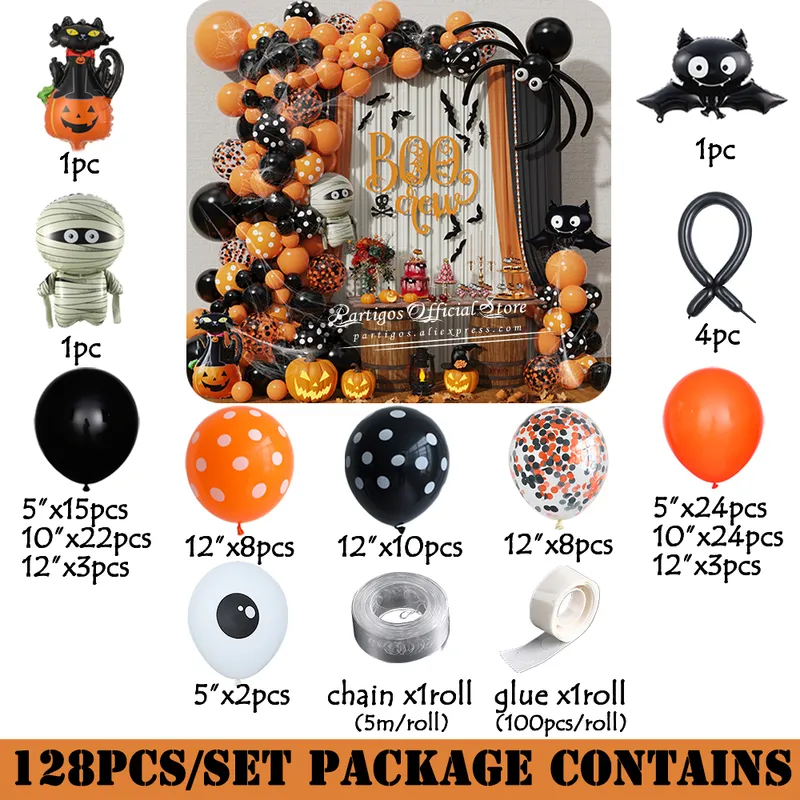 Kit arche de 34 ballons Halloween noir, or et transparent avec  chauve-souris Modèle Unique