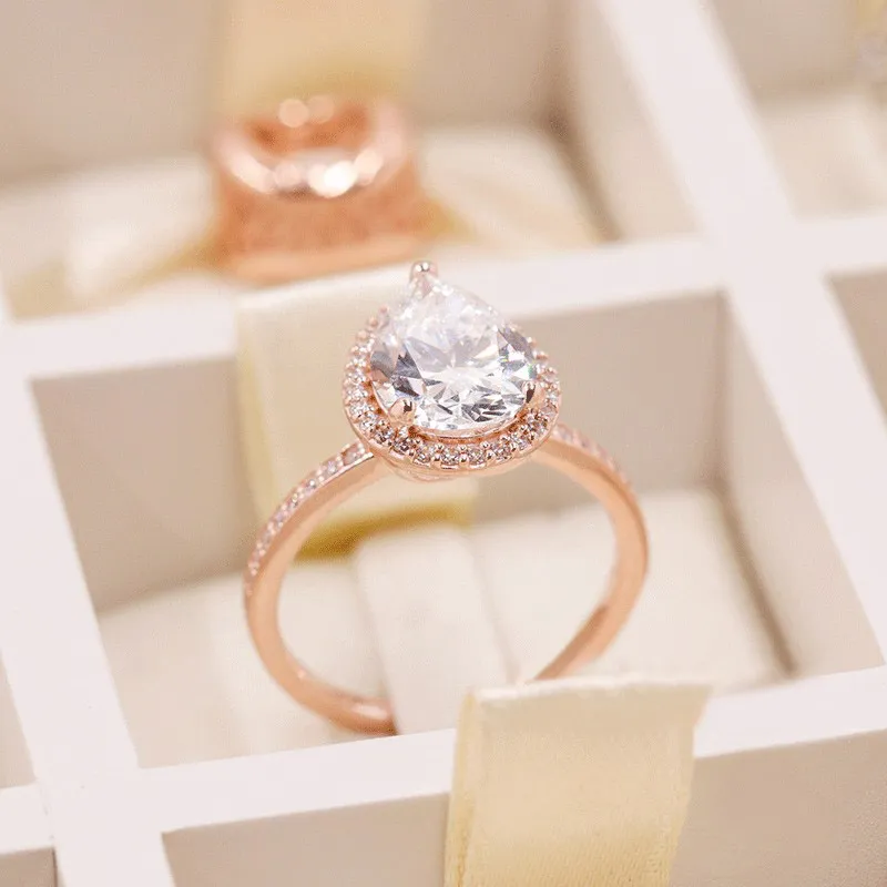 Rose Gold Sparkling Teardrop Halo Ring Women s Wedding Gift designer Jewelry For pandora Sterling Silver engagement gift Rings with Original Box