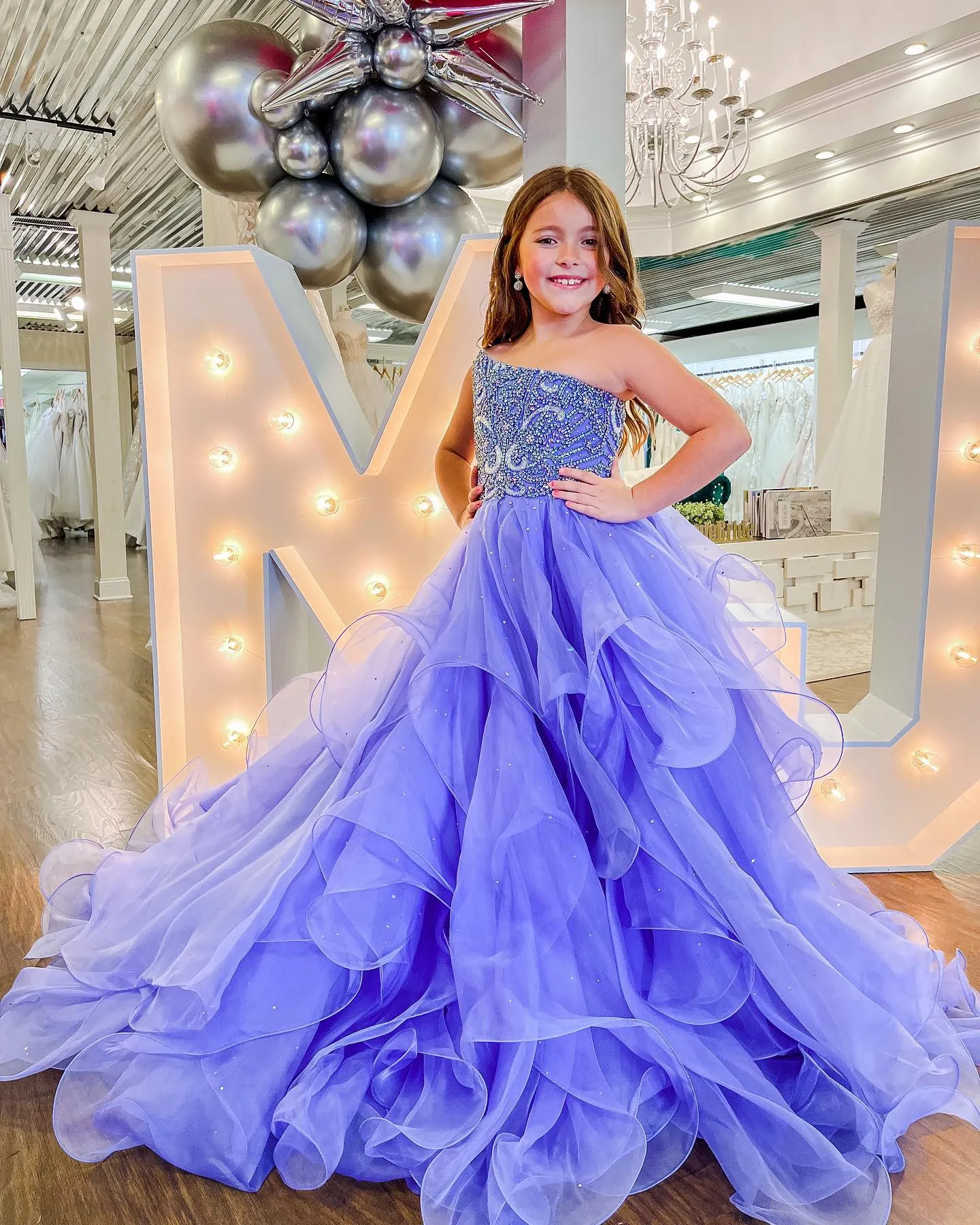 DHgate Periwinkle Organza Crystal 1 Shoulder Kids Pageant Dress Wedding Party Events
