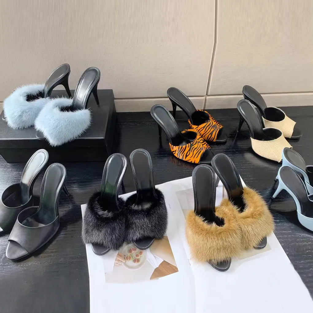 Mink Hair Leopard Print Open Toe High Heels Women s Luxury Designer Sandals with 9.5CM Thin Heel Sky Blue Mink Hair