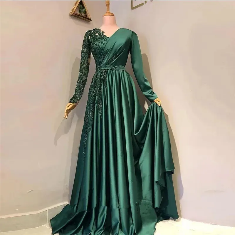 Hunter Green Muslim Beaded Long Green prom dress with V-Neck and Long Sleeves - Elegant and Sexy Formal Evening Gown