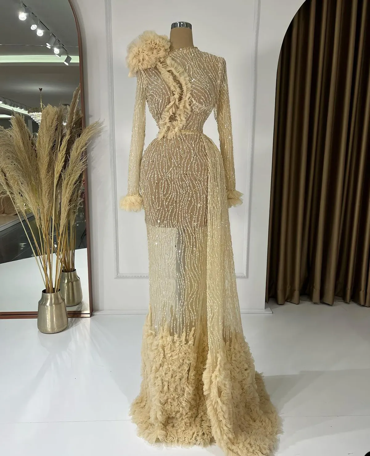vintage evening dresses lace Modest Vintage Style Empire Waist Long Sleeves Lace Dress Formal Evening Gown Prom Dress X027 Size 16 / White main image 1