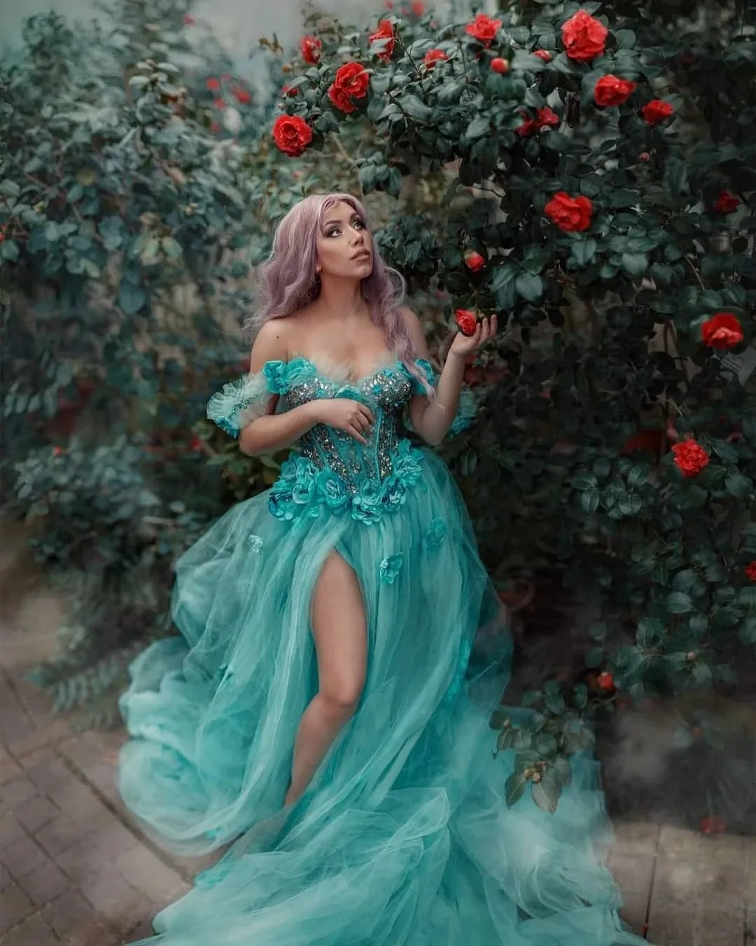 2023 Mint Green Tulle Quinceanera Dresses With 3D Florals Lace Beaded Sexy Off Shoulder Front Split Plus Size Ball Gowns For Sweet 15 Girl