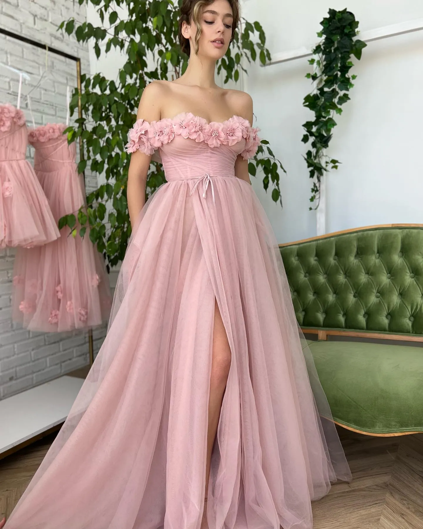 Blush 3D Appliqued Prom Dress Off-the-Shoulder Neckline Sweep Train Tulle A-Line  Evening Gown from Dhgate Prom Dresses - price 113.62