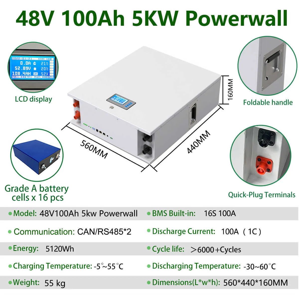 48V 100Ah Powerwall 5KW LiFePO4 Battery 16S 100A BMS With CAN RS4856000 ...