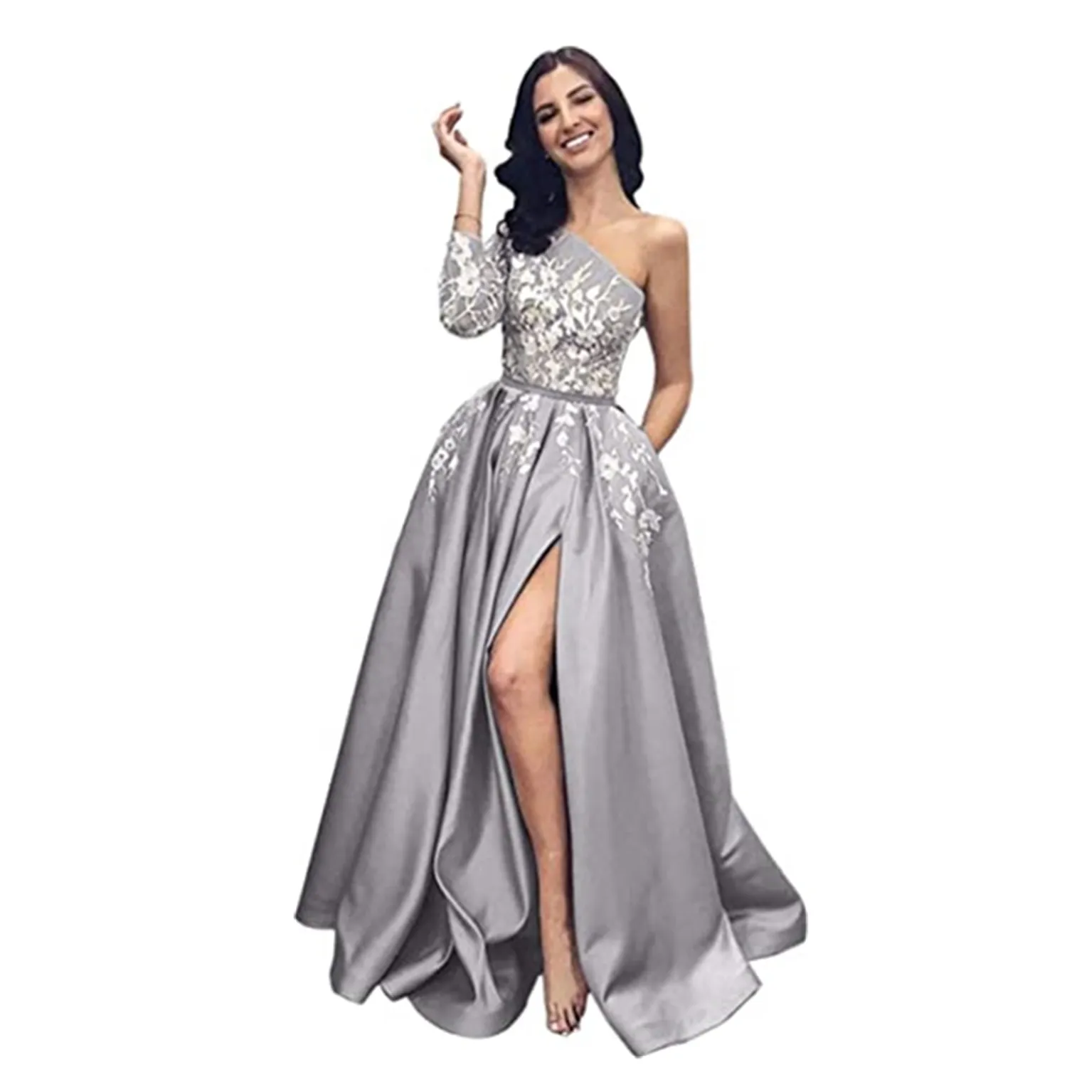 Satin A Line Appliques Silver One Shoulder Prom Dress With Pockets Satin A Line Appliques Silver One Shoulder Prom Dress With Pockets