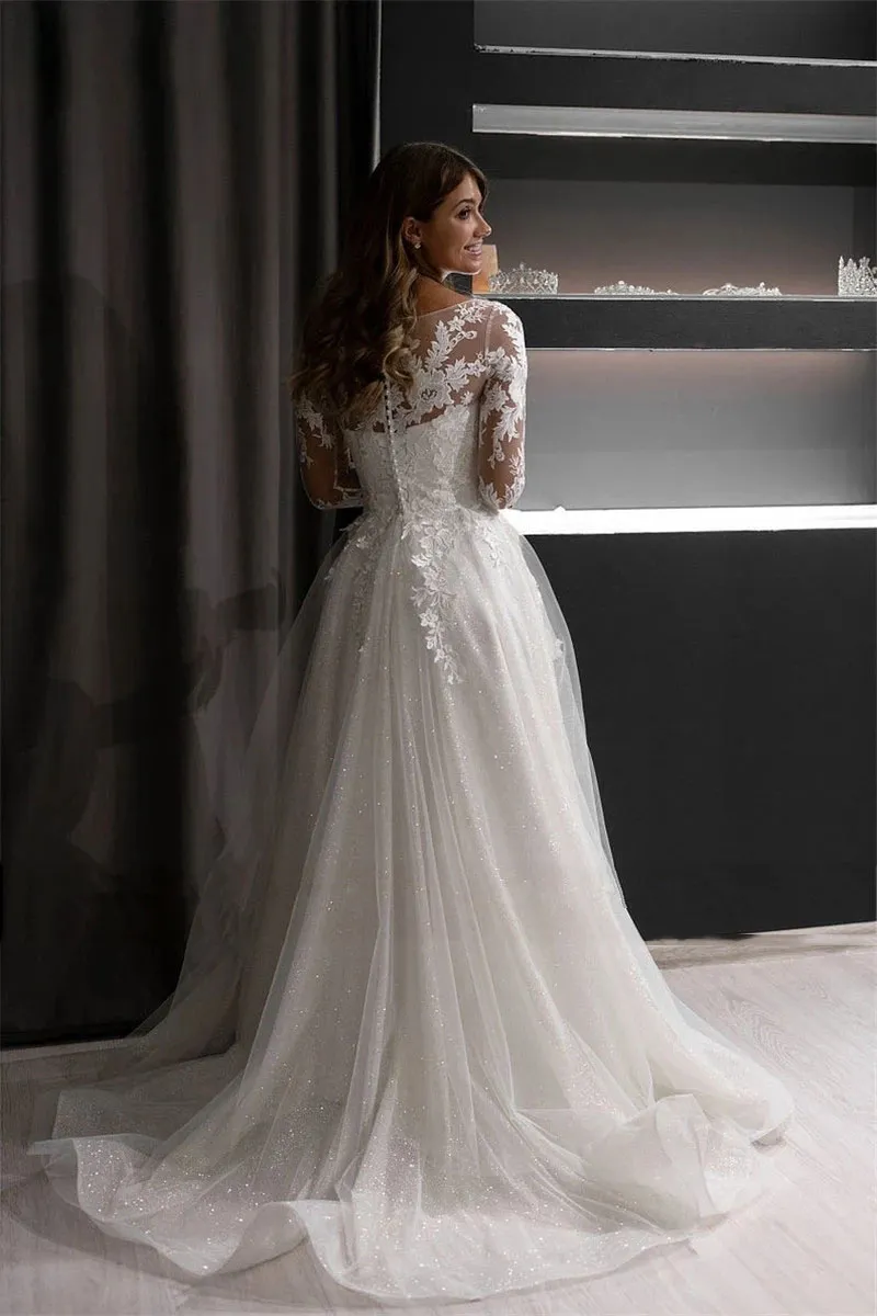Illusion back wedding top dress with sleeves