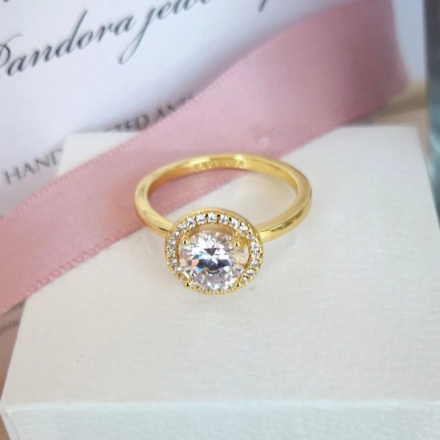 Diamond Ring Set Round Halo Ring Pandora Shine Gold Plated Jewelry