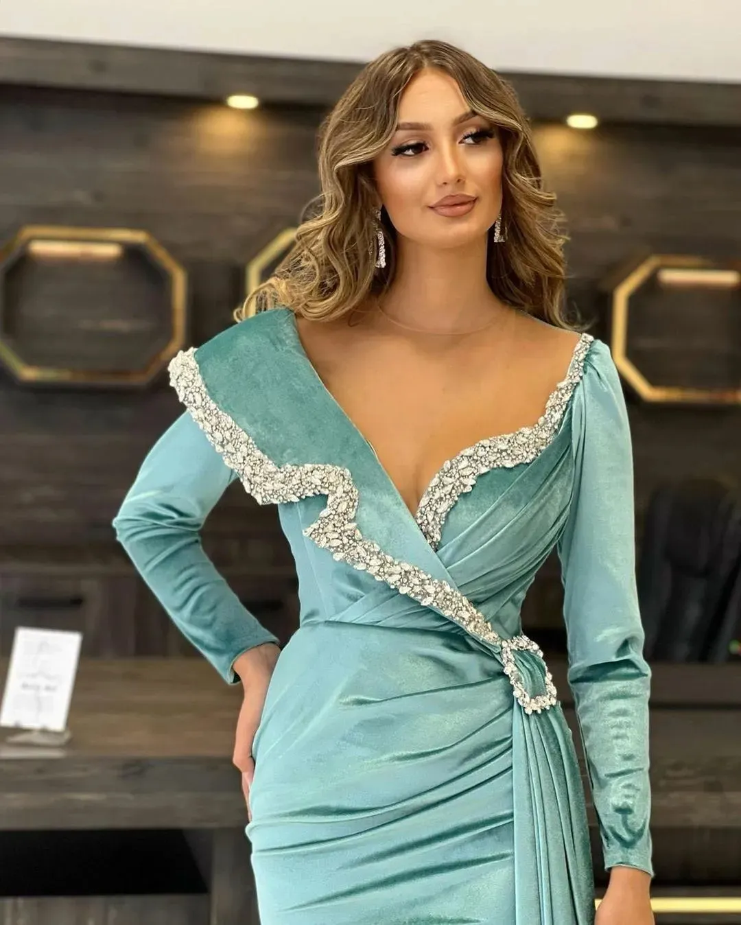 Teal Long Sleeve Muslim Formal Dresses A Line Tulle Lace Beaded Arabic  Dubai Evening Gowns Robe De Mariée