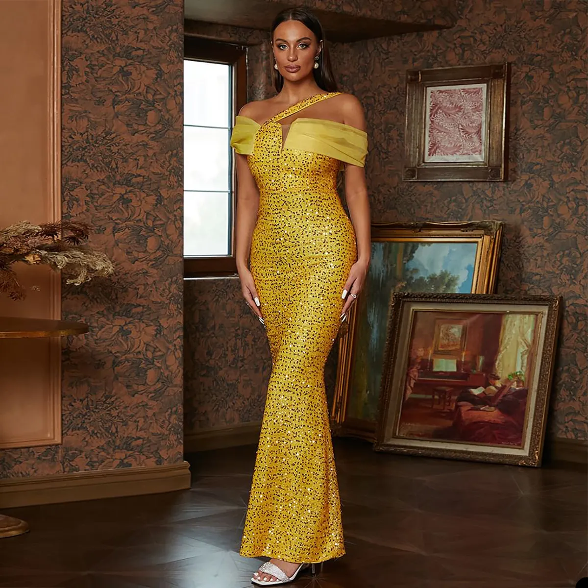 Elegant Dresses | Gold Gala Silk Off Shoulder Dress With Opera Gloves – TGC  FASHION