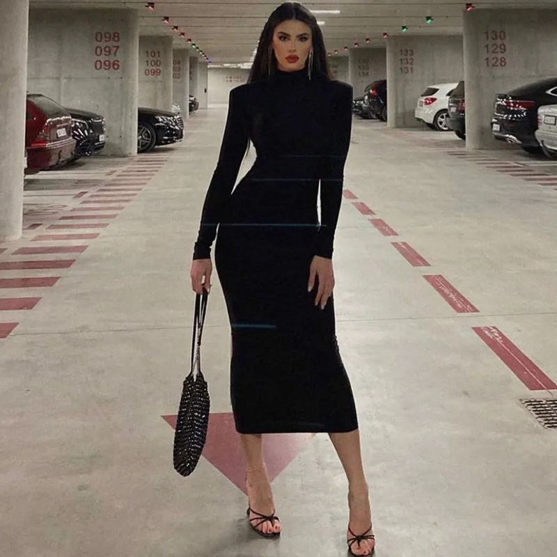Black Long Sleeve Bodycon Dress With High Neck  Mid Calf Length Sheath  Dress For Autumn Party & Clubwear From Liao5825110, $18.1 In Bulk |  DHgate.Com