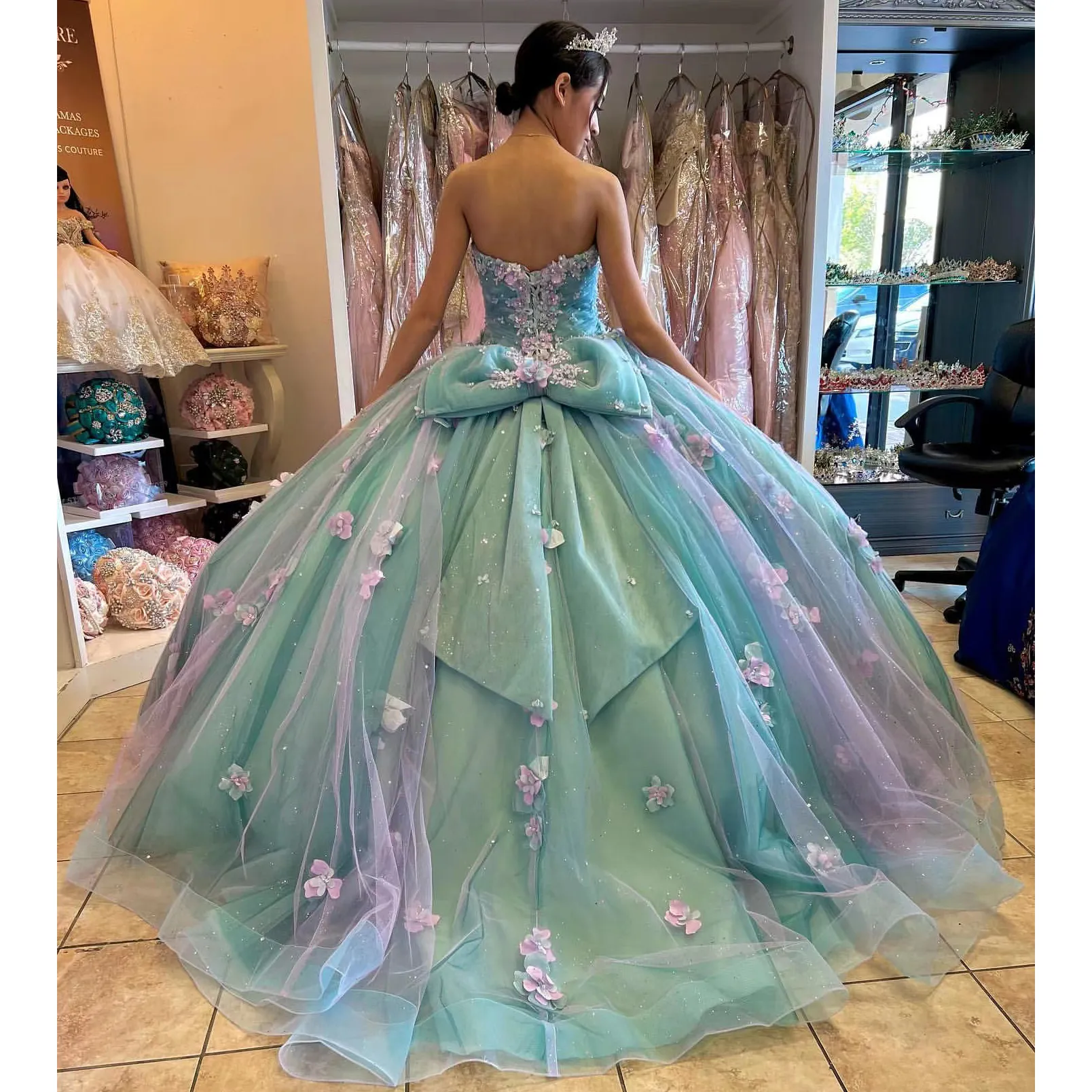 Strapless 3D Floral Ball Gown Quinceanera Dresses for Sweet 16 Prom Debut