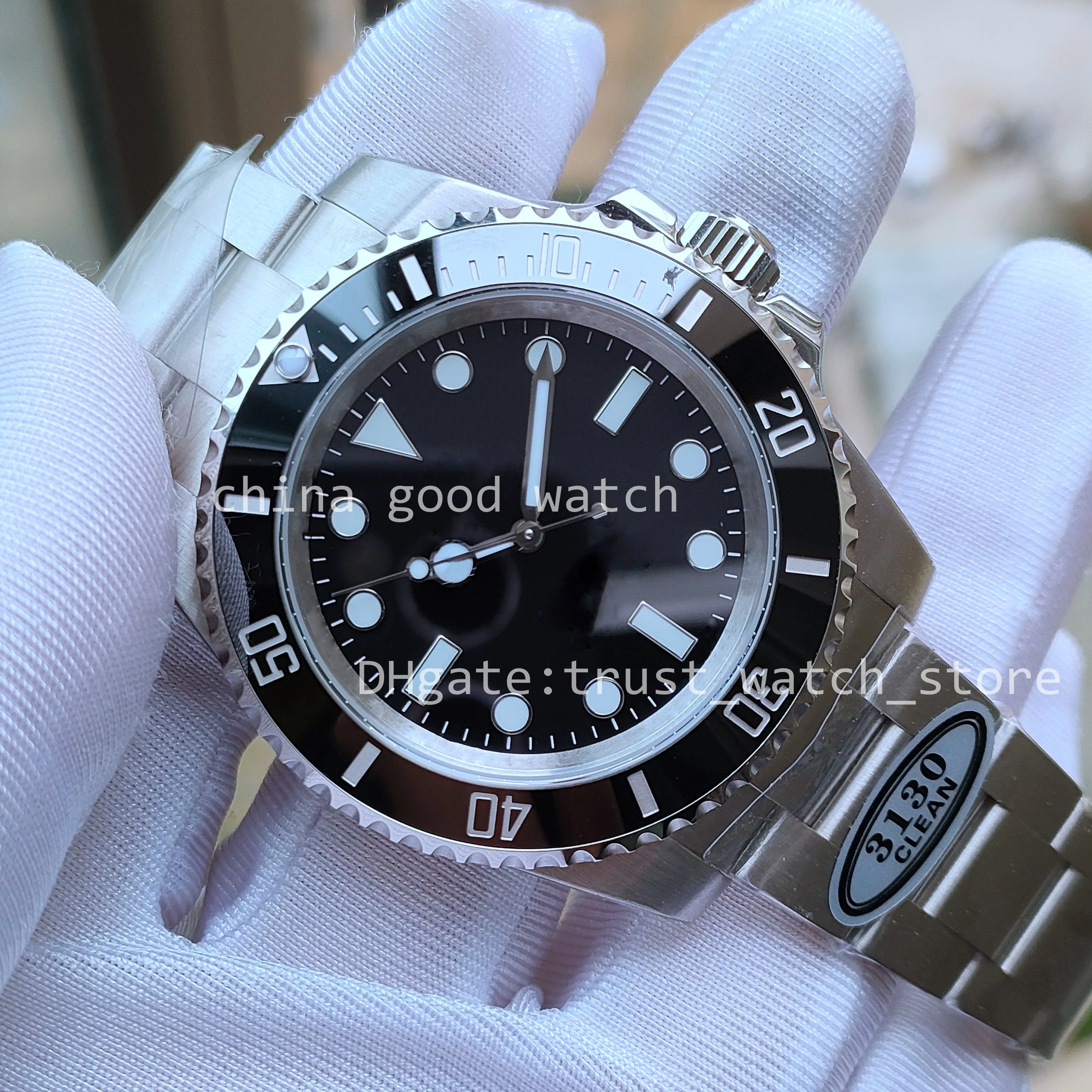 Menes Watch Factory Super Clean 40mm Cal 3130 Automatic Movement Black Ceramic Bezel Black Dial No Date cleanf 904L Steel Sapphire305T