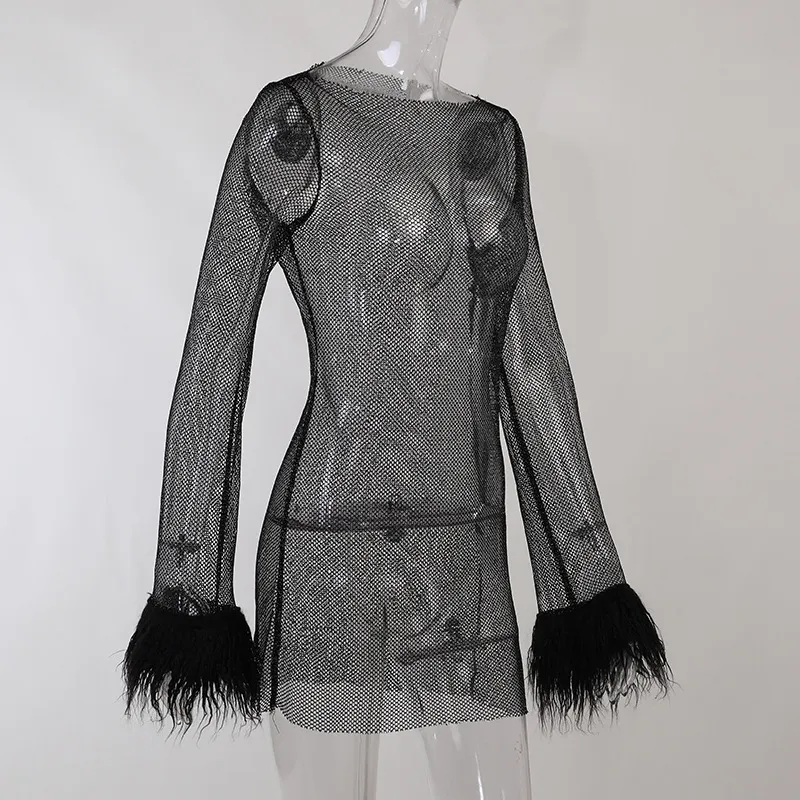 Womens Nightclub Dresses, Sheer Mesh Bodycon Mini Dress With Feather Long  Sleeves, Sexy Evening Party Dress From Luote, $17.38 | DHgate.Com