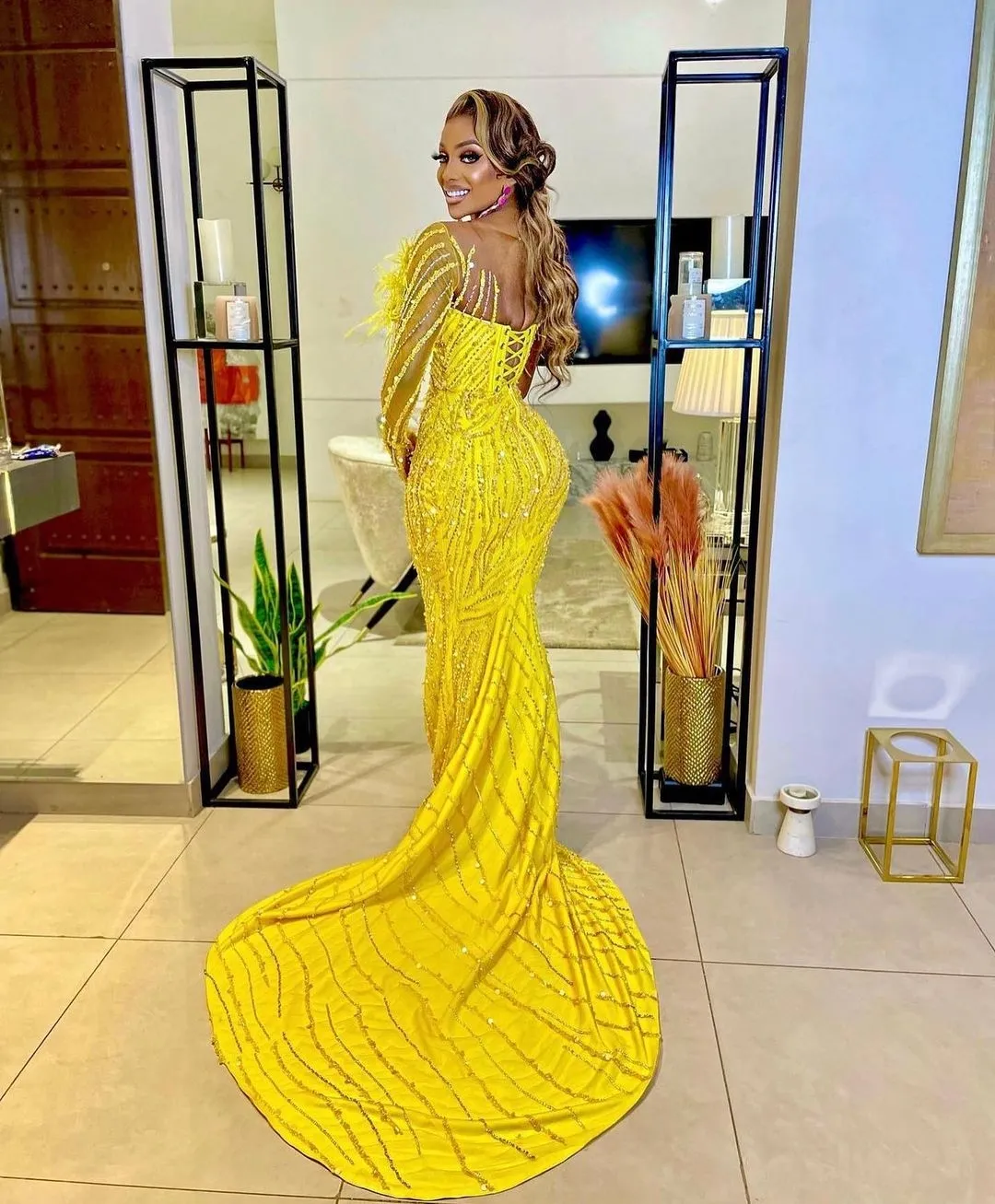 chinese dress ladies Elegant Yellow One Shoulder Sequined A-Line Prom Dress with Slit main image 0