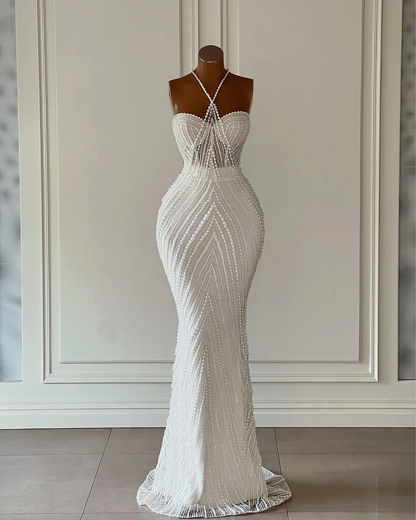 Luxurious Custom mermaid wedding dress straps with Halter Neck, Pearls, and Beading for Formal Bride Gowns Luxurious Custom mermaid wedding dress straps with Halter Neck, Pearls, and Beading for Formal Bride Gowns